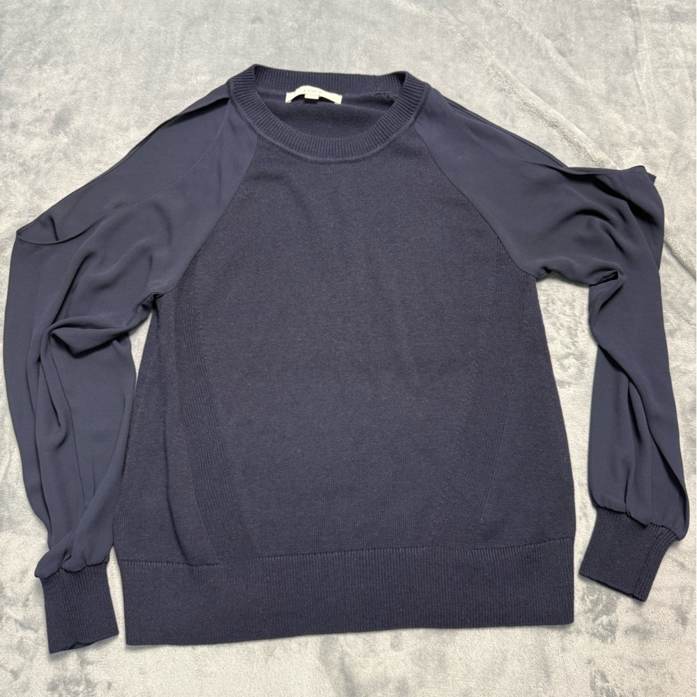 LOFT Navy Mixed Media Sweater Balloon Sleeve Knit Top Women’s Small